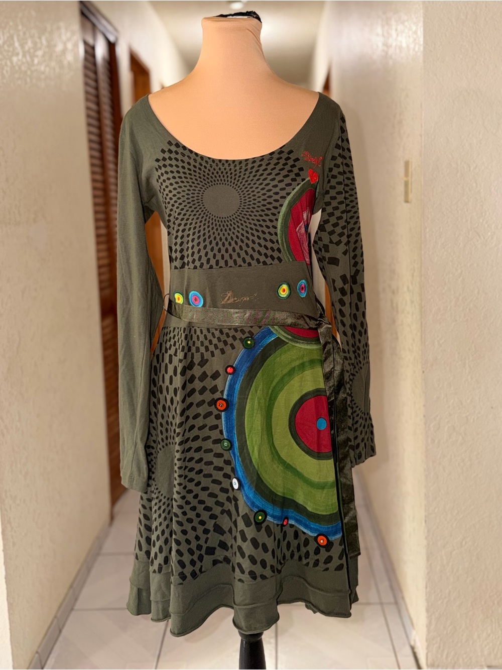 Vtg DESIGUAL Womens Long Sleeve 100% Cotton Belt A-Line Dress